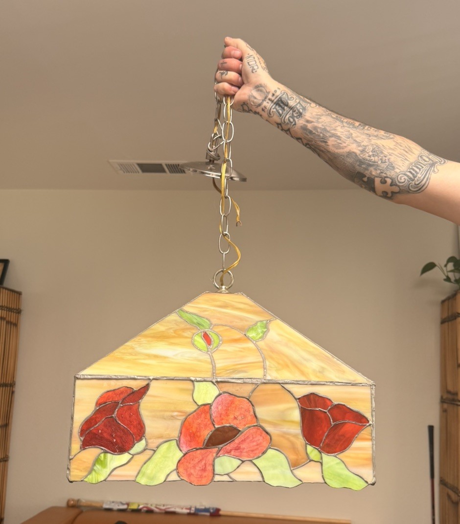 Vintage Stained Glass Hanging Light California Poppies, Slag Glass Excellent!