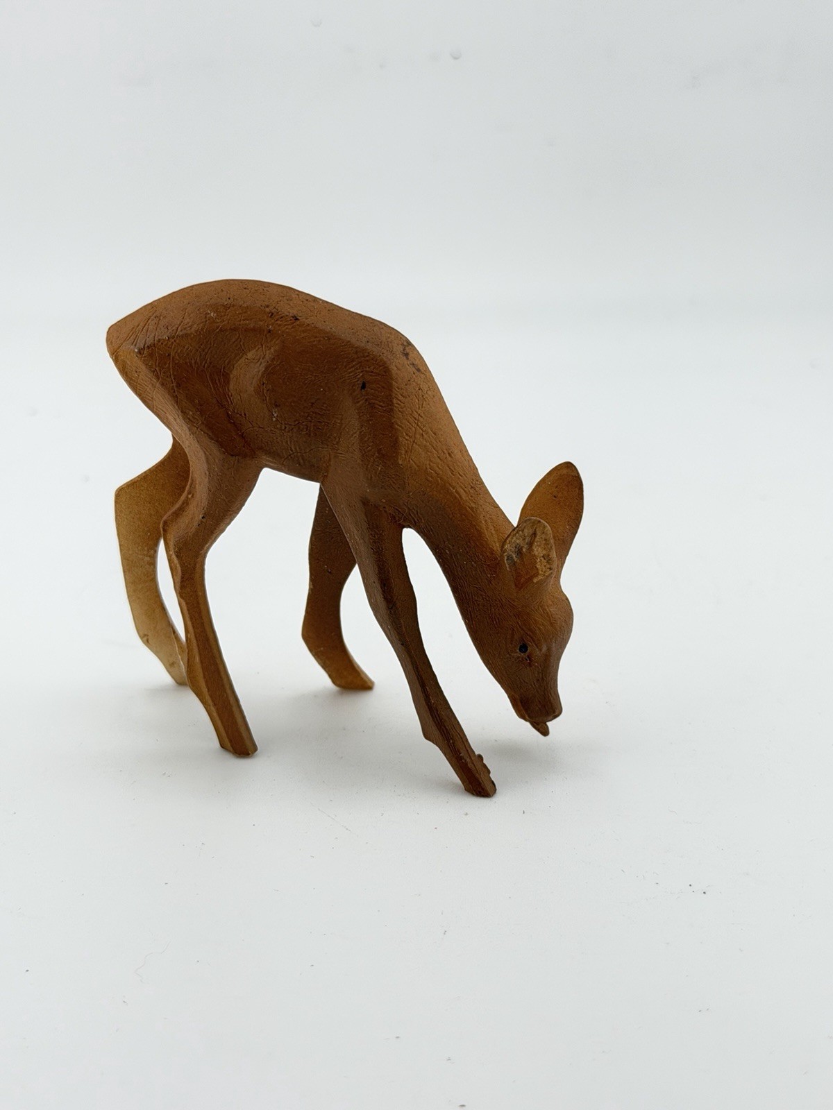 Vintage Plastic Deer Figurine Fawn 2.5” Brown Hong Kong Miniature Grazing