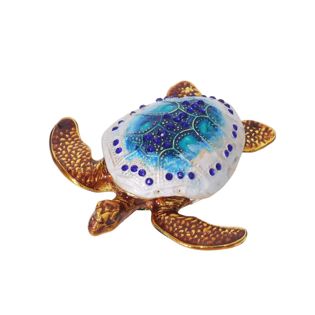 Sea Turtle Trinket Box Hinged Rhinestone Jeweled Colorful Enamel Ring Box