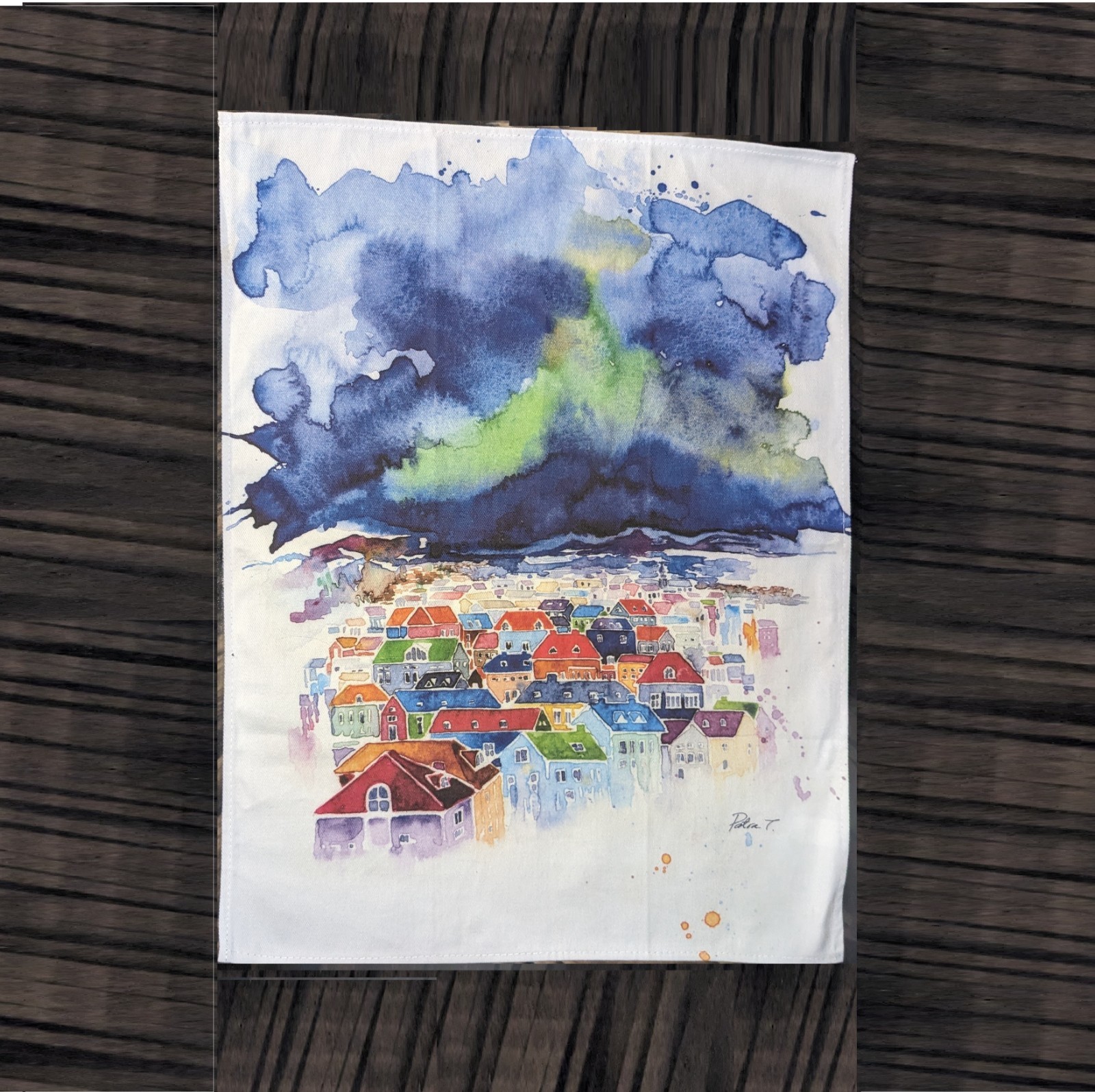 Iceland Dish Tea Towel “Dance in the Darkness” Watercolor Landscape