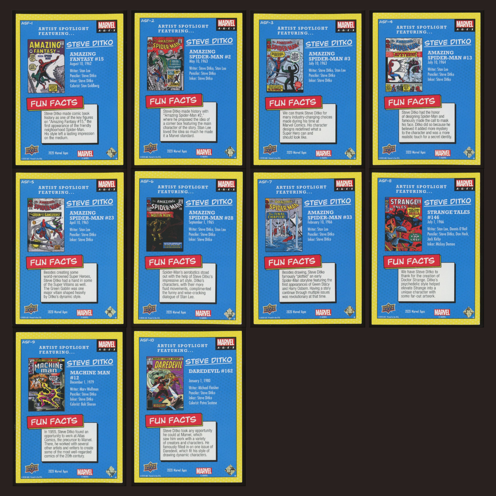 2020 Upper Deck Marvel Ages Artist Spotlight Steve Ditko Complete Set 10 Cards