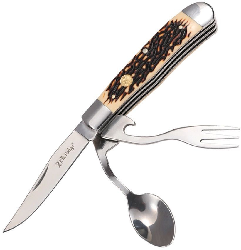 Elk Ridge Burnt Bone HOBO Folding Knife Fork Spoon Bottle Opener Camping Tool