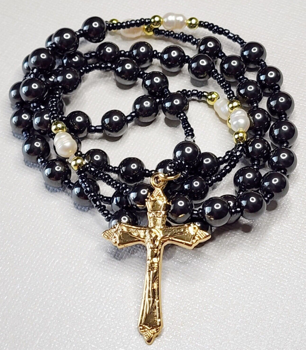 Dark Gray Catholic Rosary Genuine Hematite Beads Gold Tone Crucifix Handmade