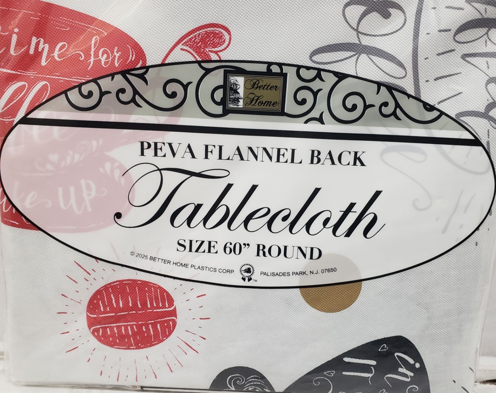 Peva Vinyl Printed Tablecloth 60″ Round (4-6 people) COFFEE CUPS WITH TEXT #2,BH