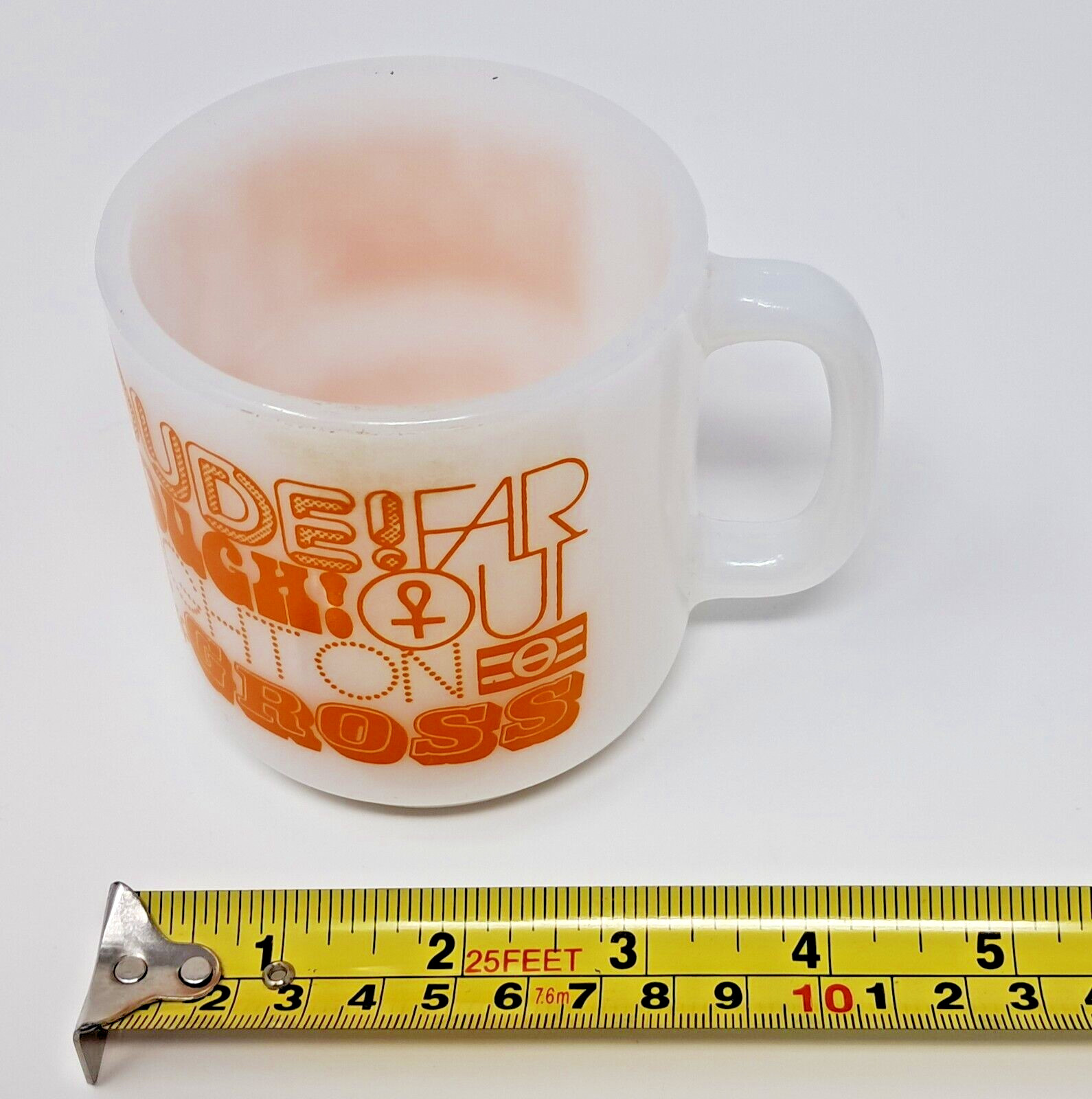 Glasbake 7 fl oz Milk Glass Coffee Cup white w/ orange graphics Vintage far out