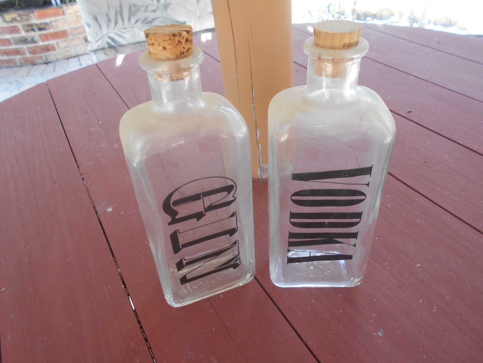 Vintage GIN and VODKA Clear Glass TWC CO. Liquor Decanter Bottles Cork Stoppers