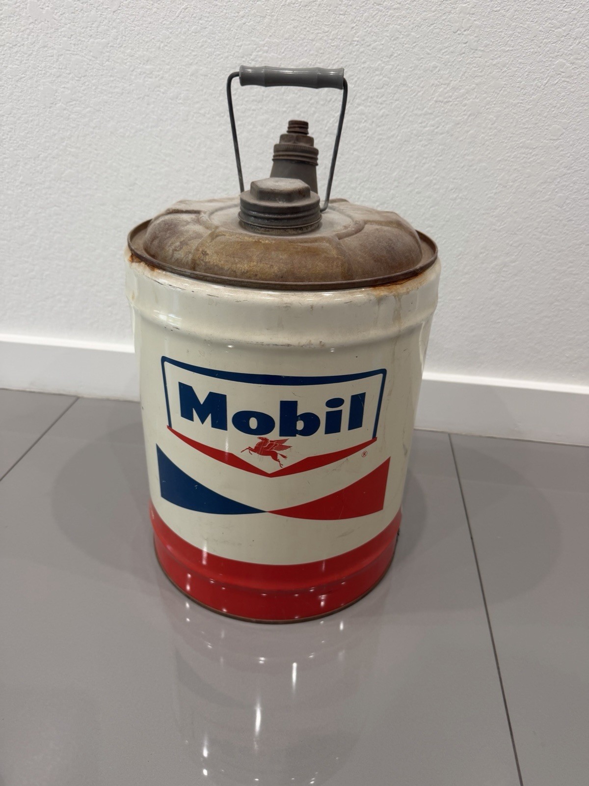 Vintage Mobil Motor Oil Can 5 Gallon Oil Can Pegasus Empty
