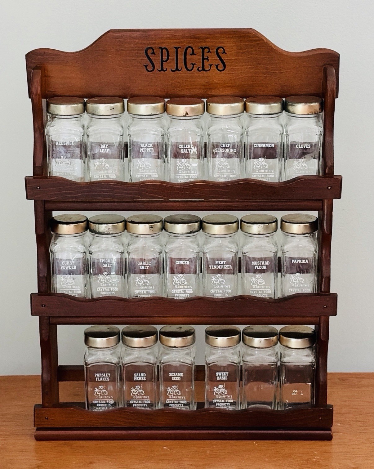 GRIFFITH’s Spice Jars (20) Labeled (2 worn off) & Vintage Wooden Wall Spice Rack