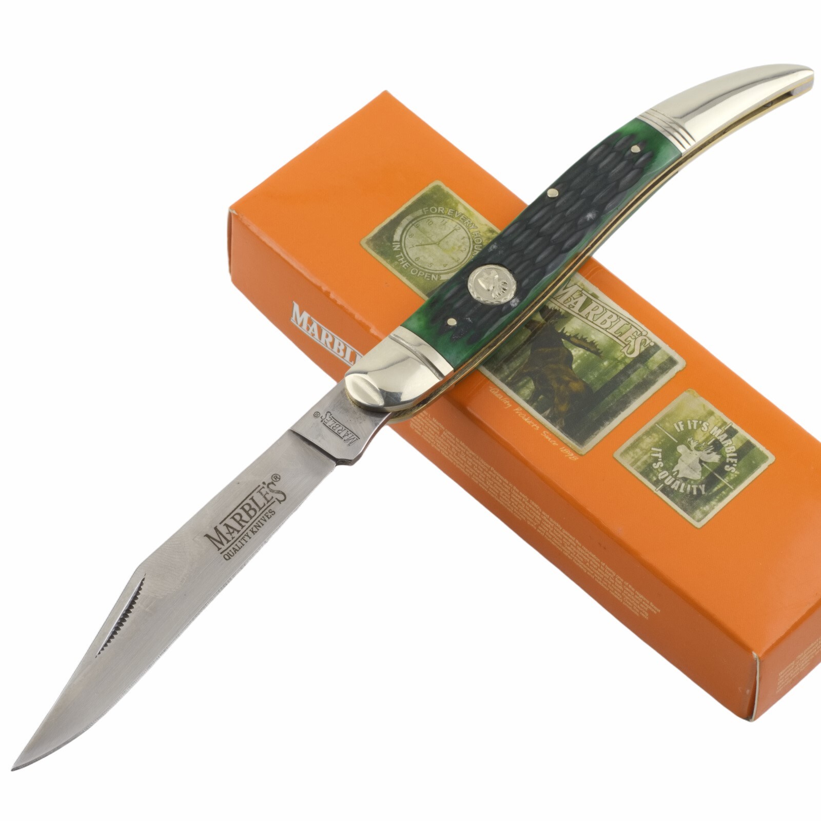 Marbles Large Toothpick Folding Pocket Knife Green Jigged Bone Handle MR629