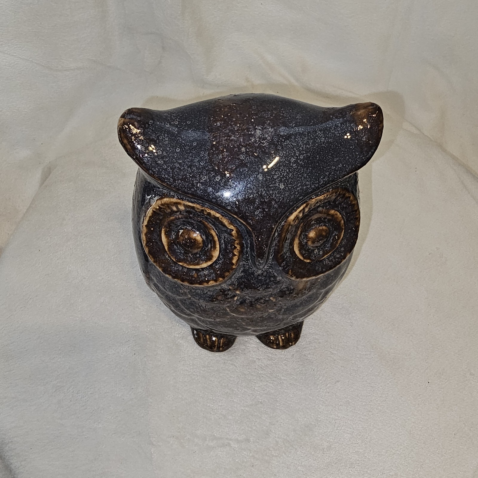 Purple Brown Tan Speckled Owl Distressed Stone Looking Wide Eye Owl 7x5x6in