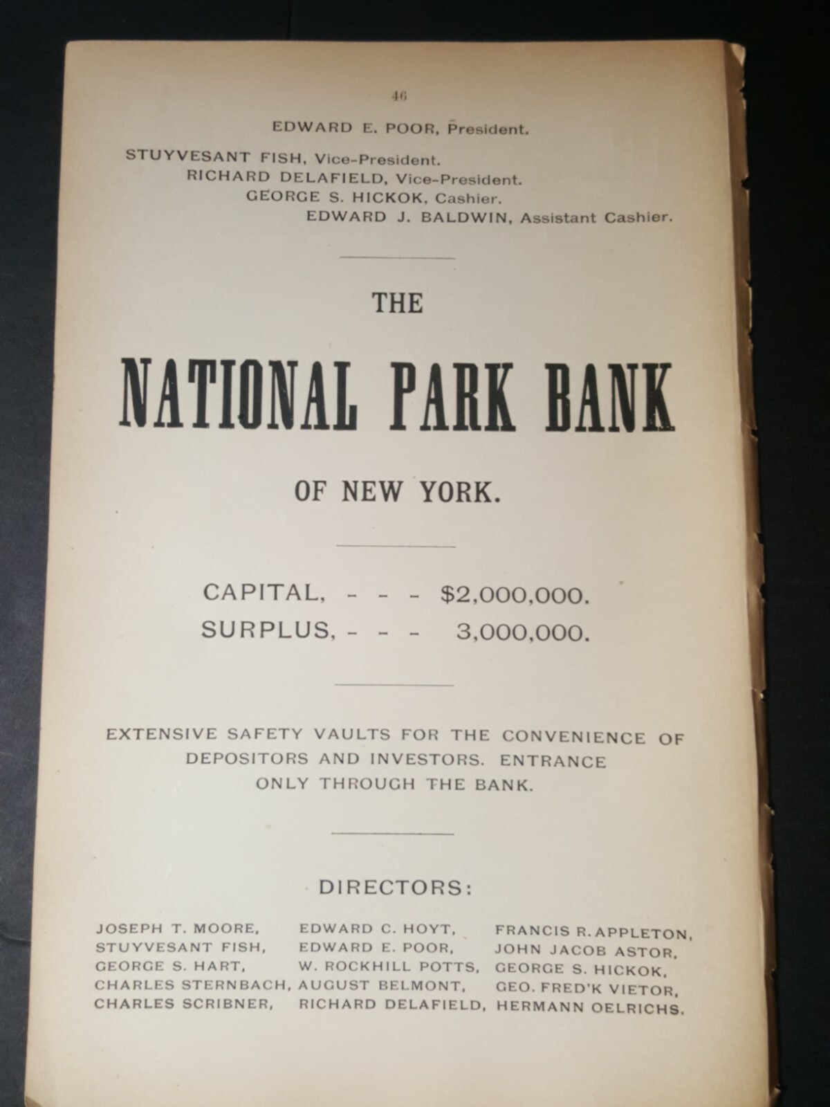 1898 print advertising ad National Park Bank of New York ◇ Edward Poor president