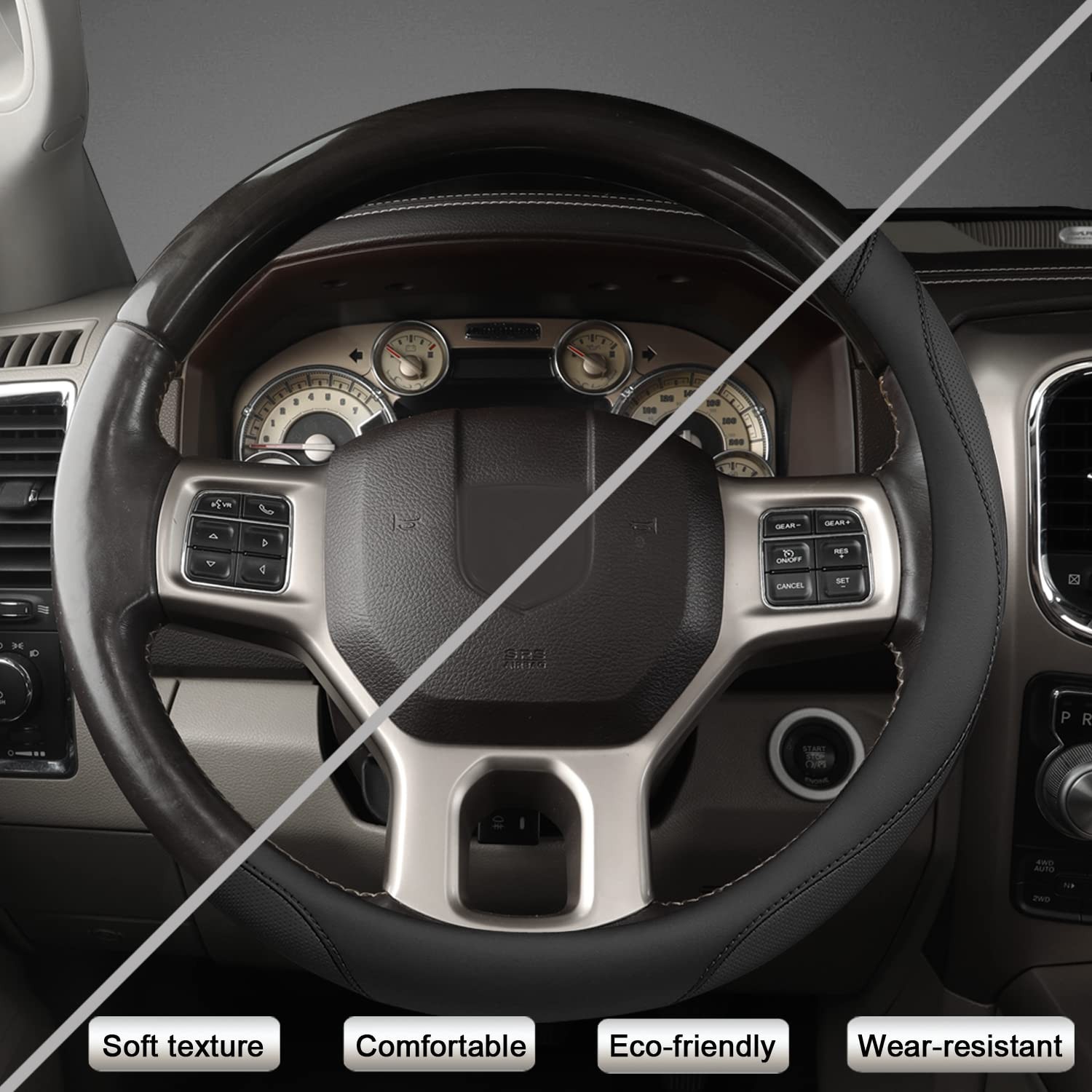 Customized Auto Car Steering Wheel Cover for Dodge RAM 1500 2500 3500, 15.5-1…