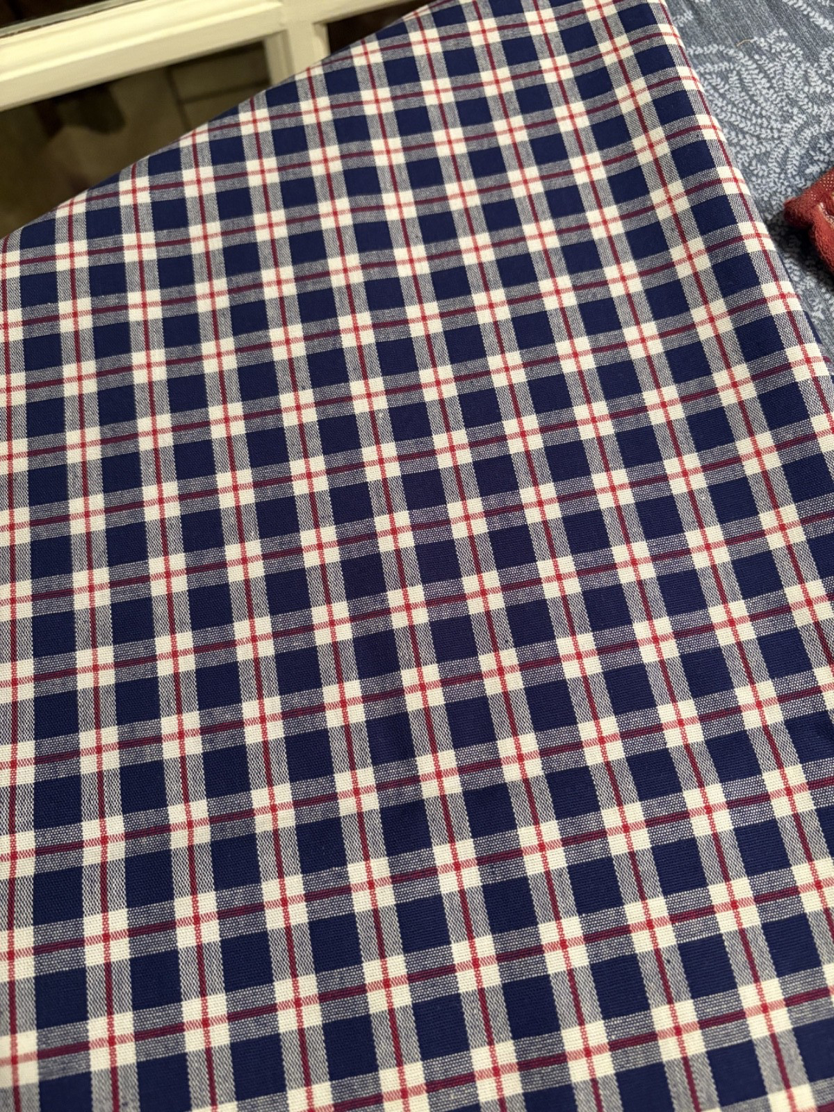 Custom-made w/Longaberger Blue Ribbon plaid fabric TABLE RUNNER – 12″x 34″