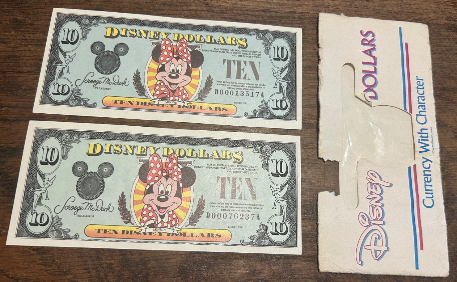 2 Disney Dollars Minnie Mouse $10 1990 D & 1991 D Uncirculated