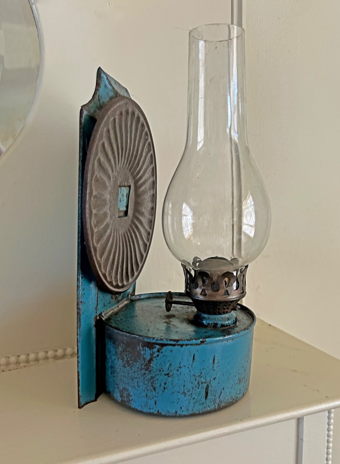 Antique Tin Kerosene Hanging Lamp Original Blue Paint Prim Farmhouse w/Reflector