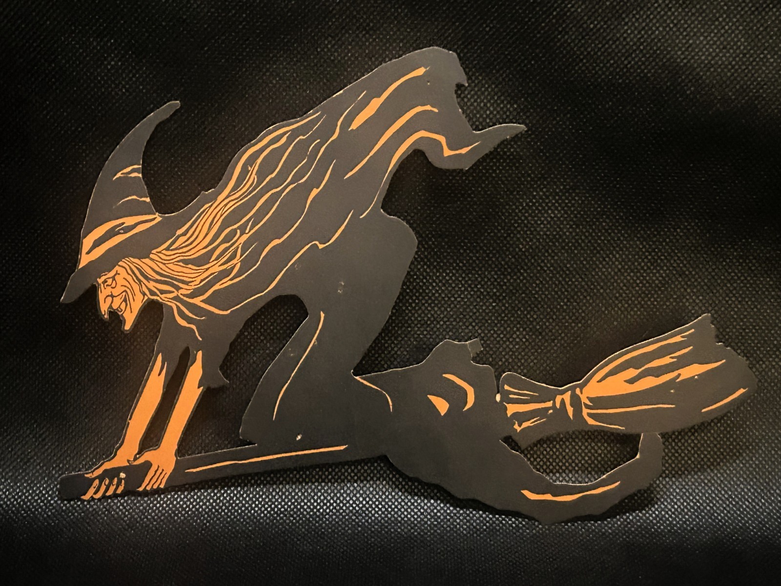 Rare Vintage 1930’s Beistle Halloween Witch on Broom Paperboard Die Cut Decor
