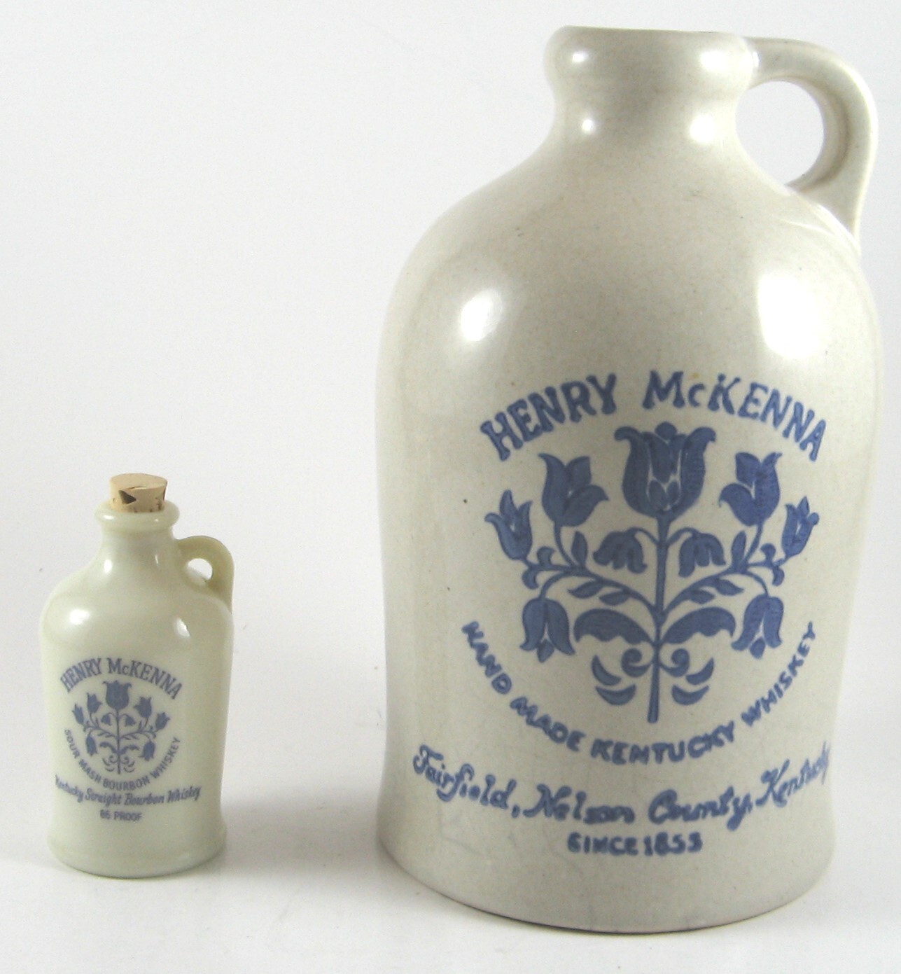 HENRY MCKENNA KENTUCKY WHISKEY STONEWARE JUG 4/5 QT & MINI CUSTARD GLASS 1/10 PT