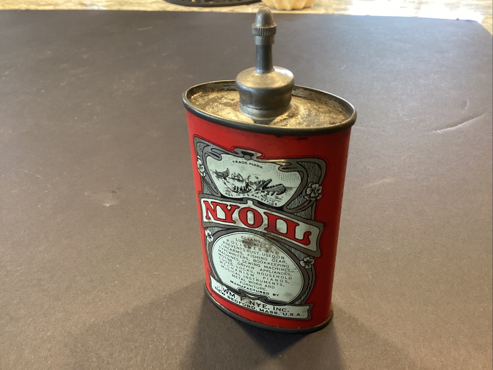 NOS NYOIL Lead Top Handy Oiler Red Oil Can w/ Whale Scene Free Ship
