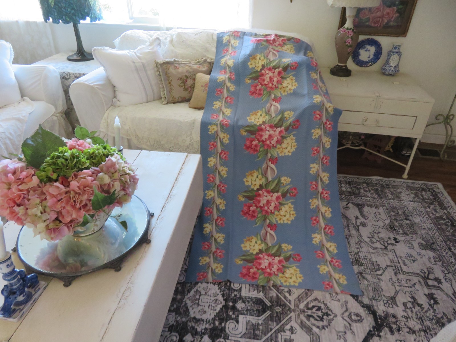 1940’s Scrolls & PINK Florals on Denim Blue ROMANTIC Nubby Barkcloth Drapes