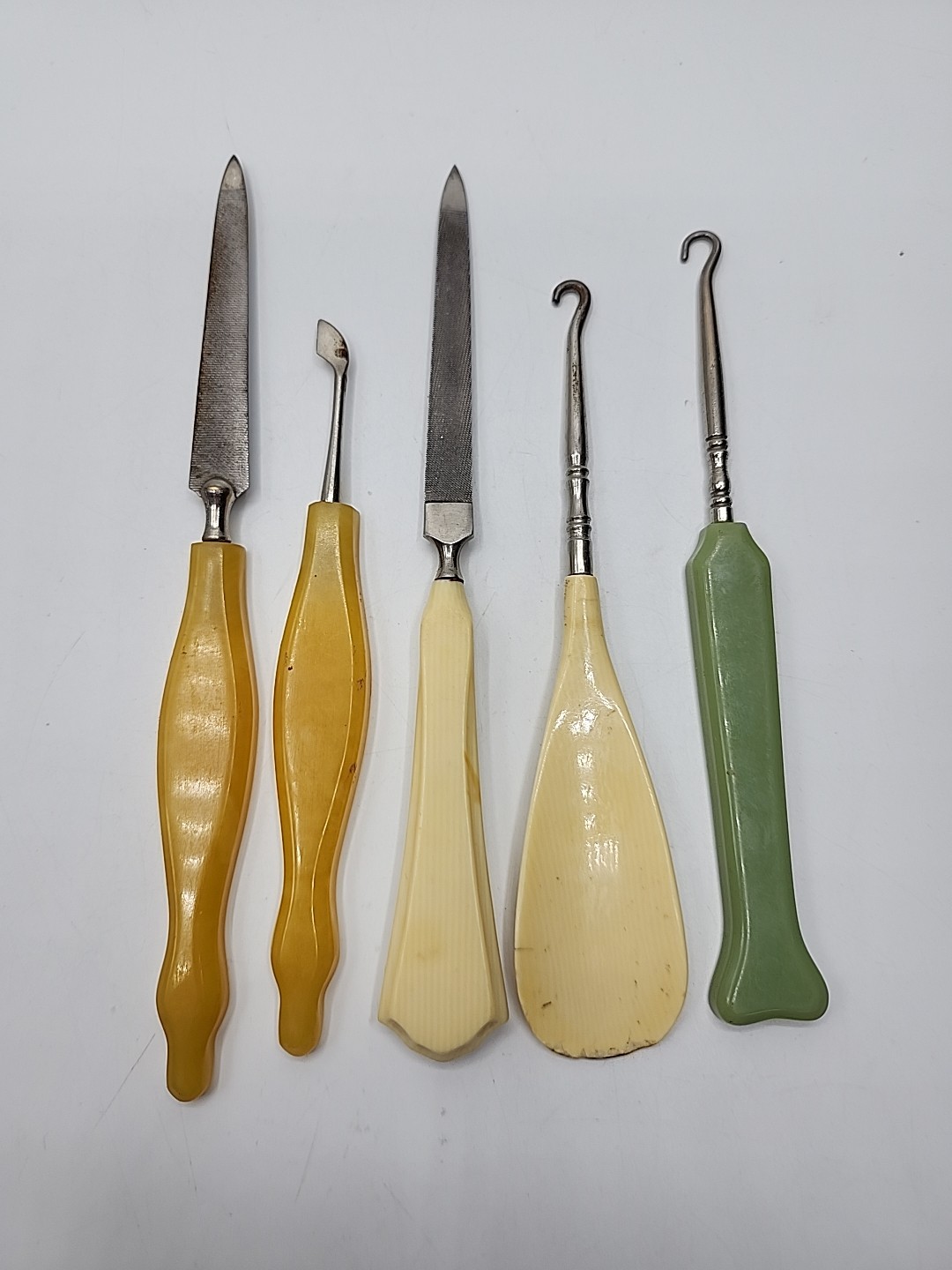 Set of 5 Vintage Celluloid Pyralin Button Hooks & Manicure Tools