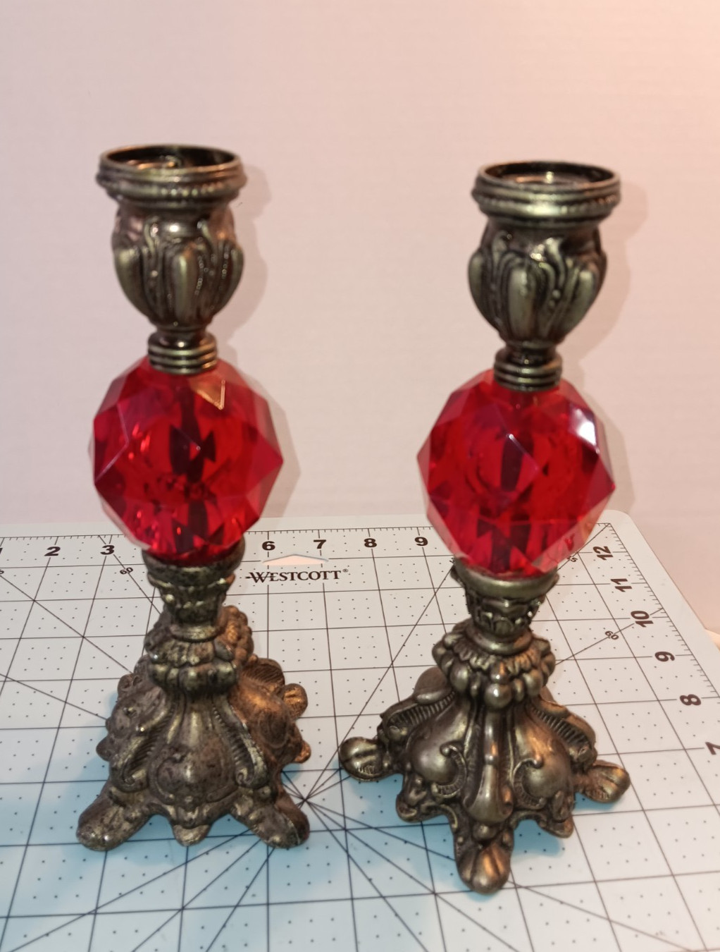 Pair of Vintage Red Lucite Gems and Metal Tall Pair of Candle Holders