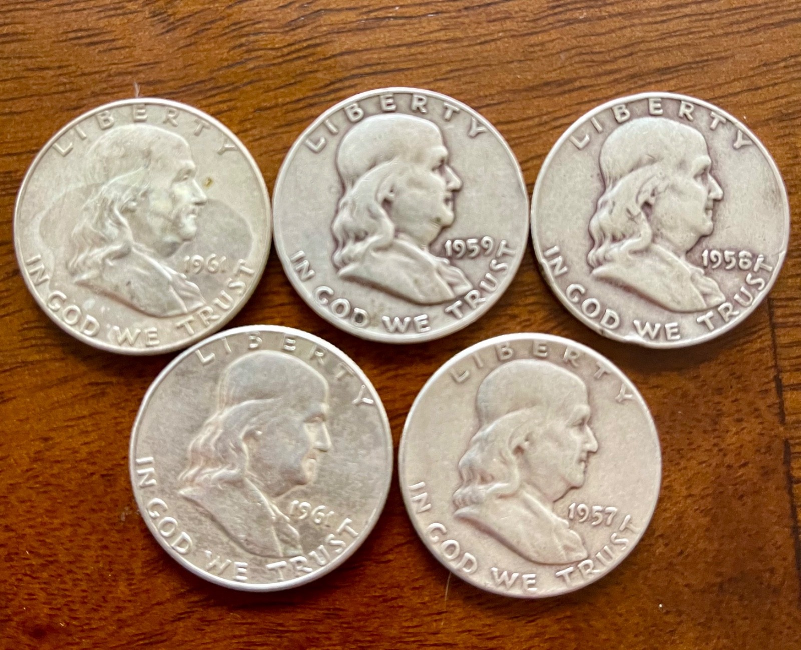 Junk 90% Siver Lot — $2.50 Face Value — 5 – 90% Franklin Half DolIars