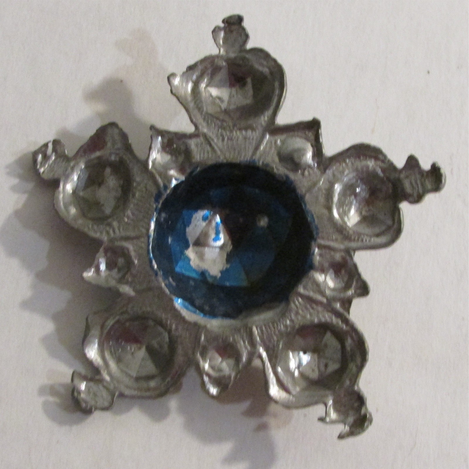 Antique Xmas Tin/Lead Reflector Ornament Candle Counterweight Blue Silver Flower