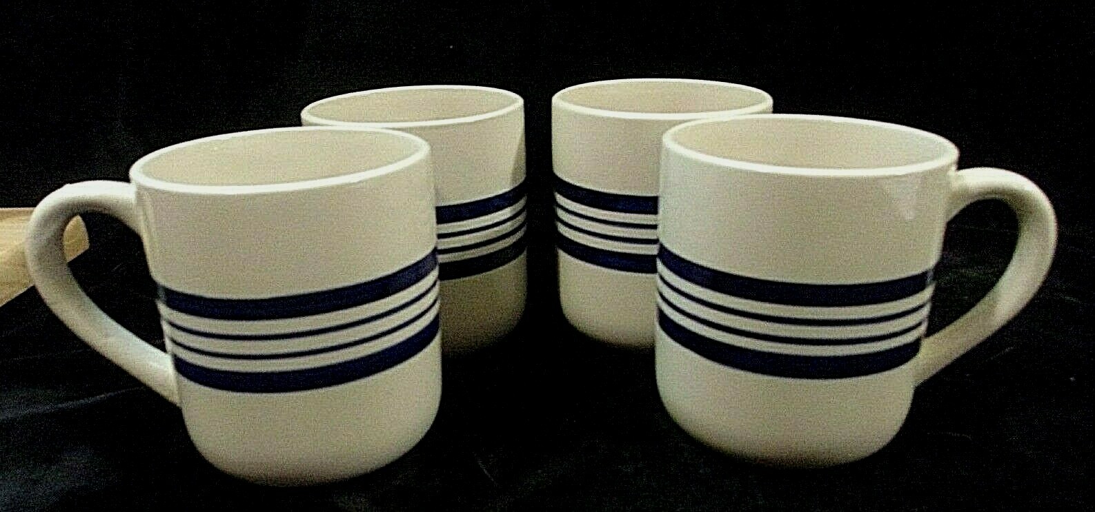 SOLID WOOD MUG TREE with DOWEL PEGS and FOUR (4) STRIPED STONEWARE COFFEE MUGS