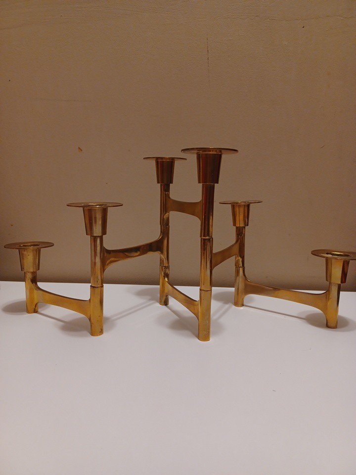 Mid Century Modern Danish Style Solid Brass Articulated Folding 6 Candleholders