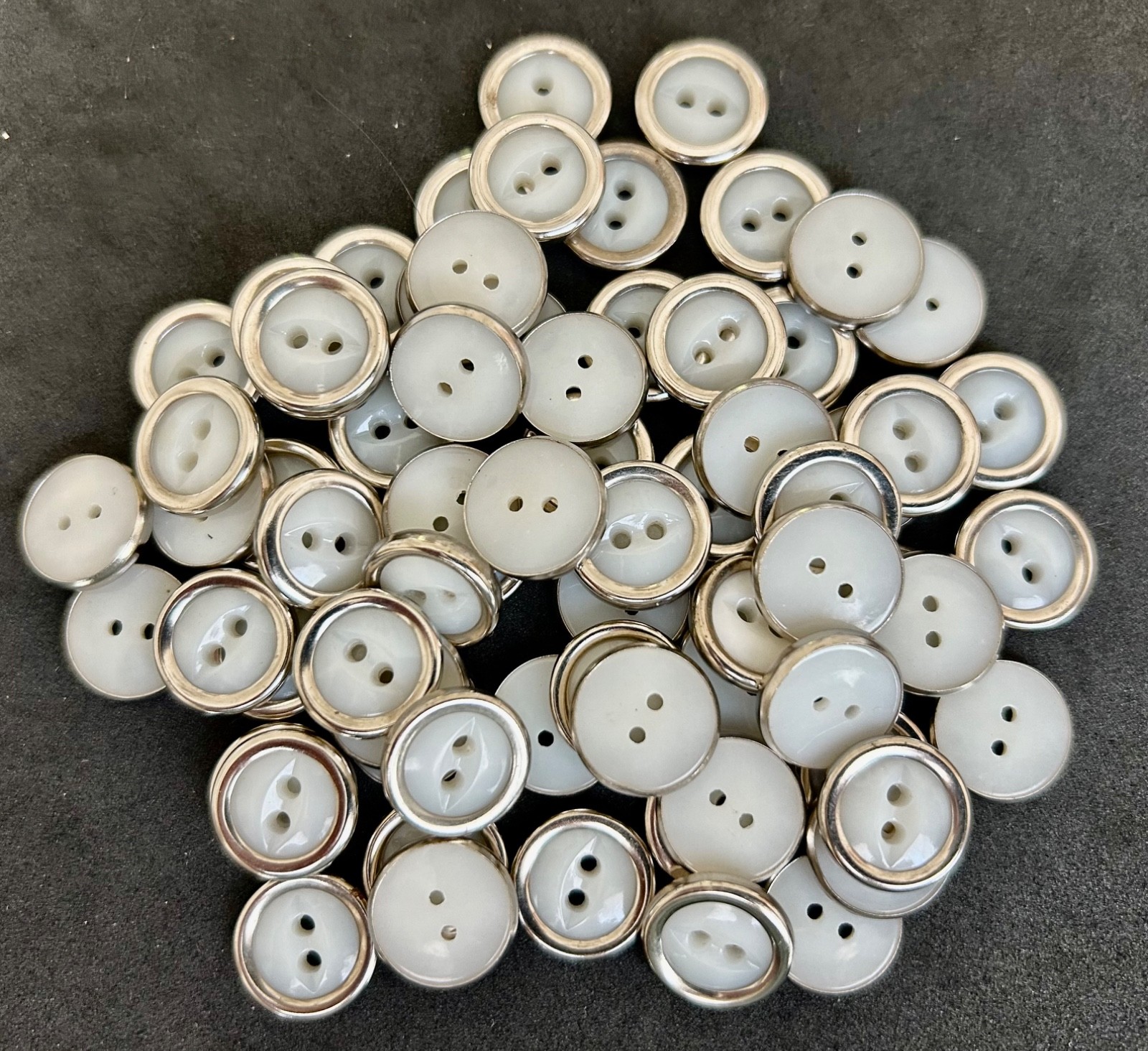 VINTAGE LOT MATCHING SET 70 WHITE PLASTIC METAL BEZEL RIMMED 2-HOLE BUTTONS