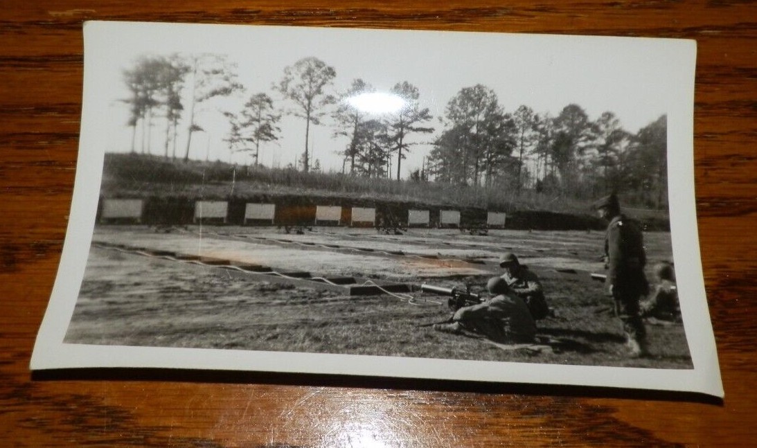 1940s WWII US Army Training Camp Photo-Soldier on Gun Range with 50 cal.
