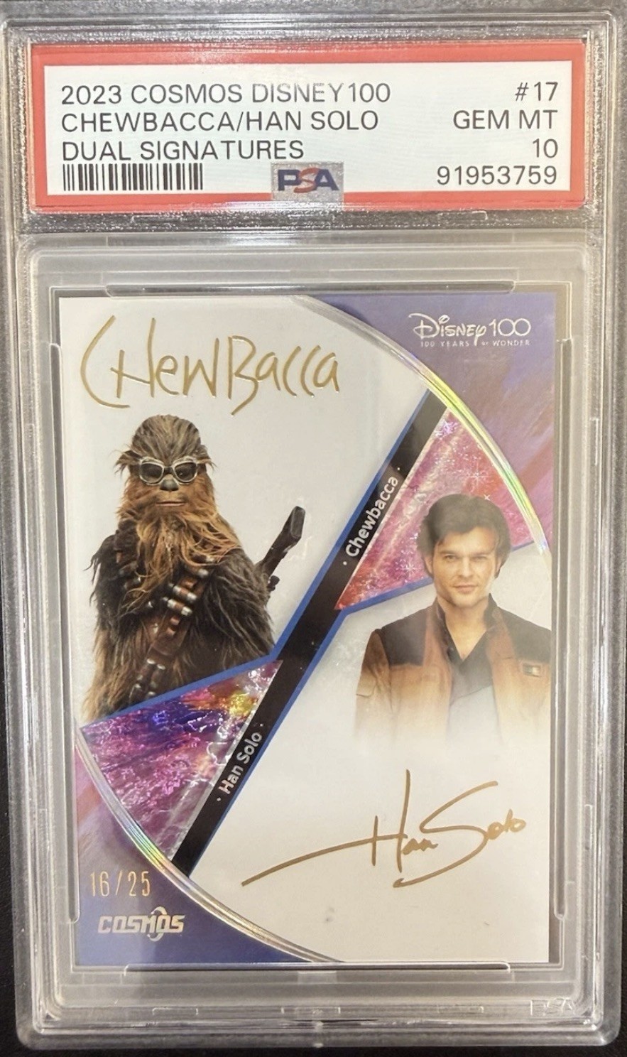 2023 Kakawow Cosmos Disney 100 All-Star Chewbacca Han Solo Dual Auto #/25 PSA 10
