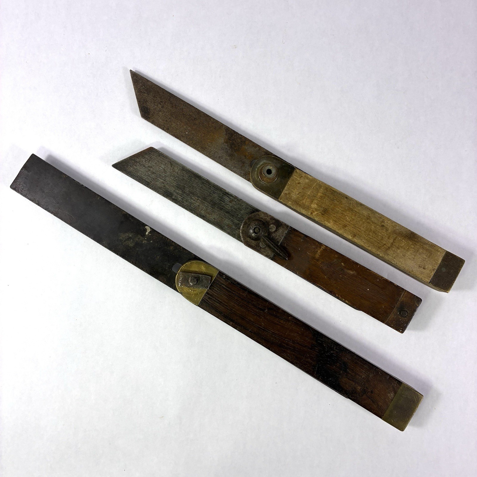 3 Vintage Wooden Folding Metal Bevel Squares Carpenter Woodworking Tools