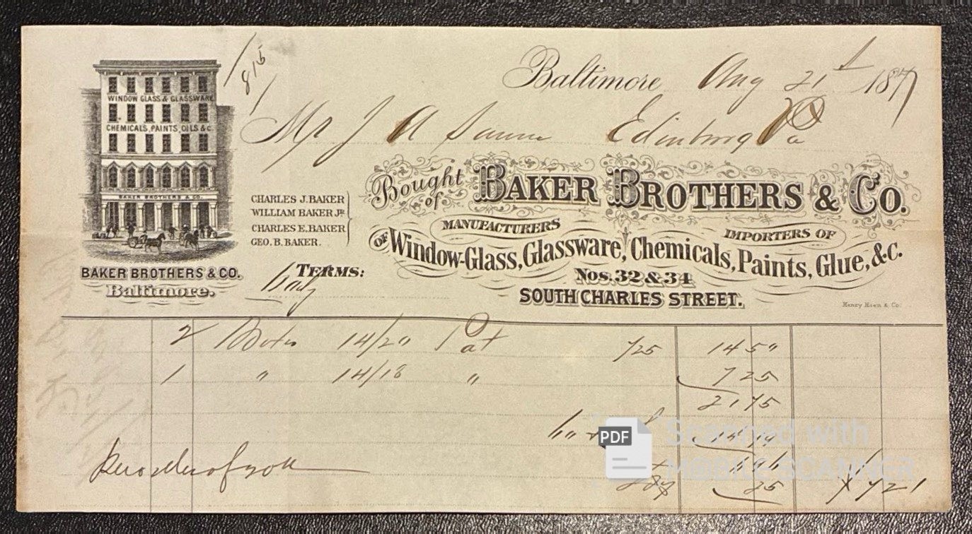 BALTIMORE, MD ~ Baker Brothers & Co., Glassware, Chemicals ~Illus. Billhead 1871