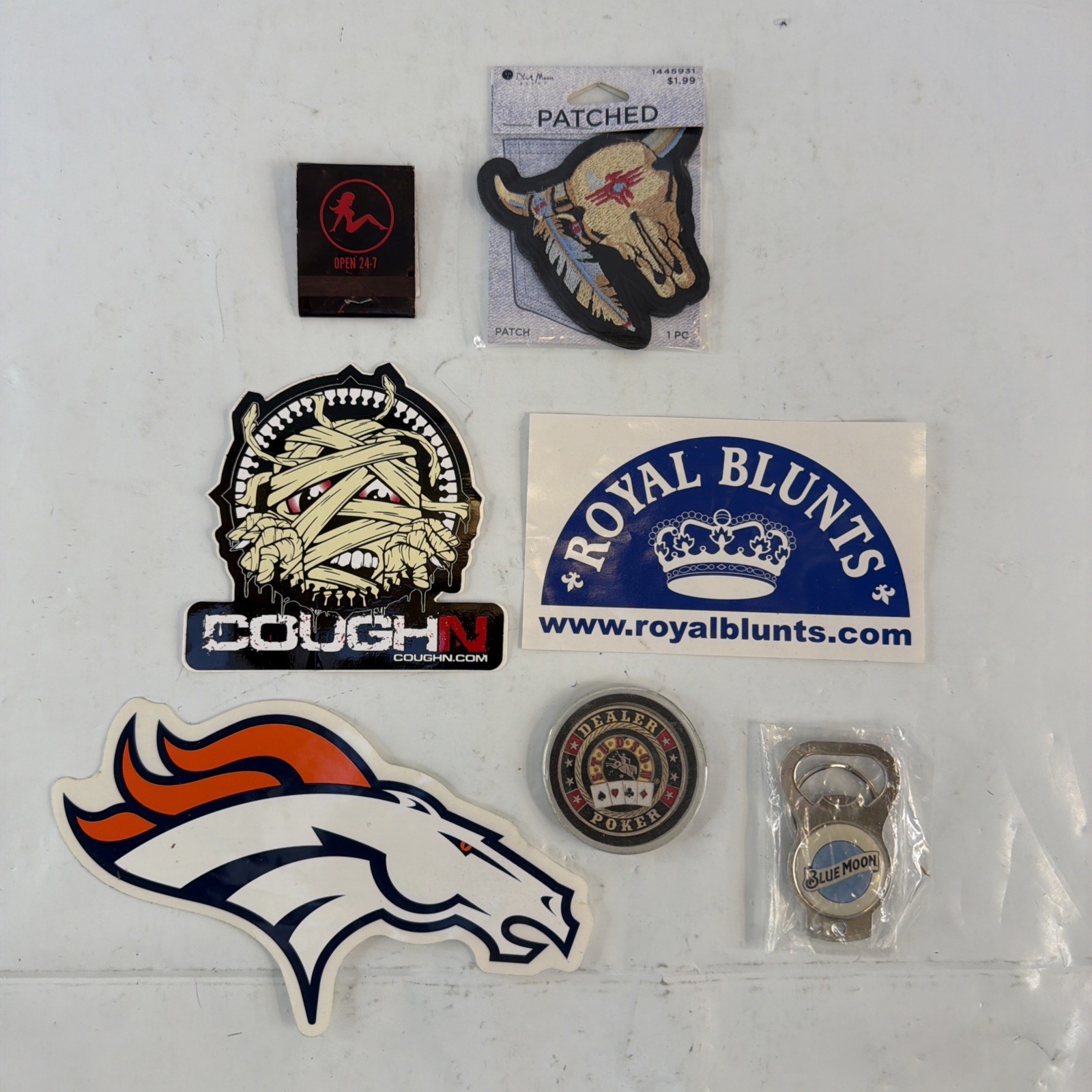 Man Cave Bar Room Lot Broncos Blue Moon Poker Royal Blunts Stickers Patch More