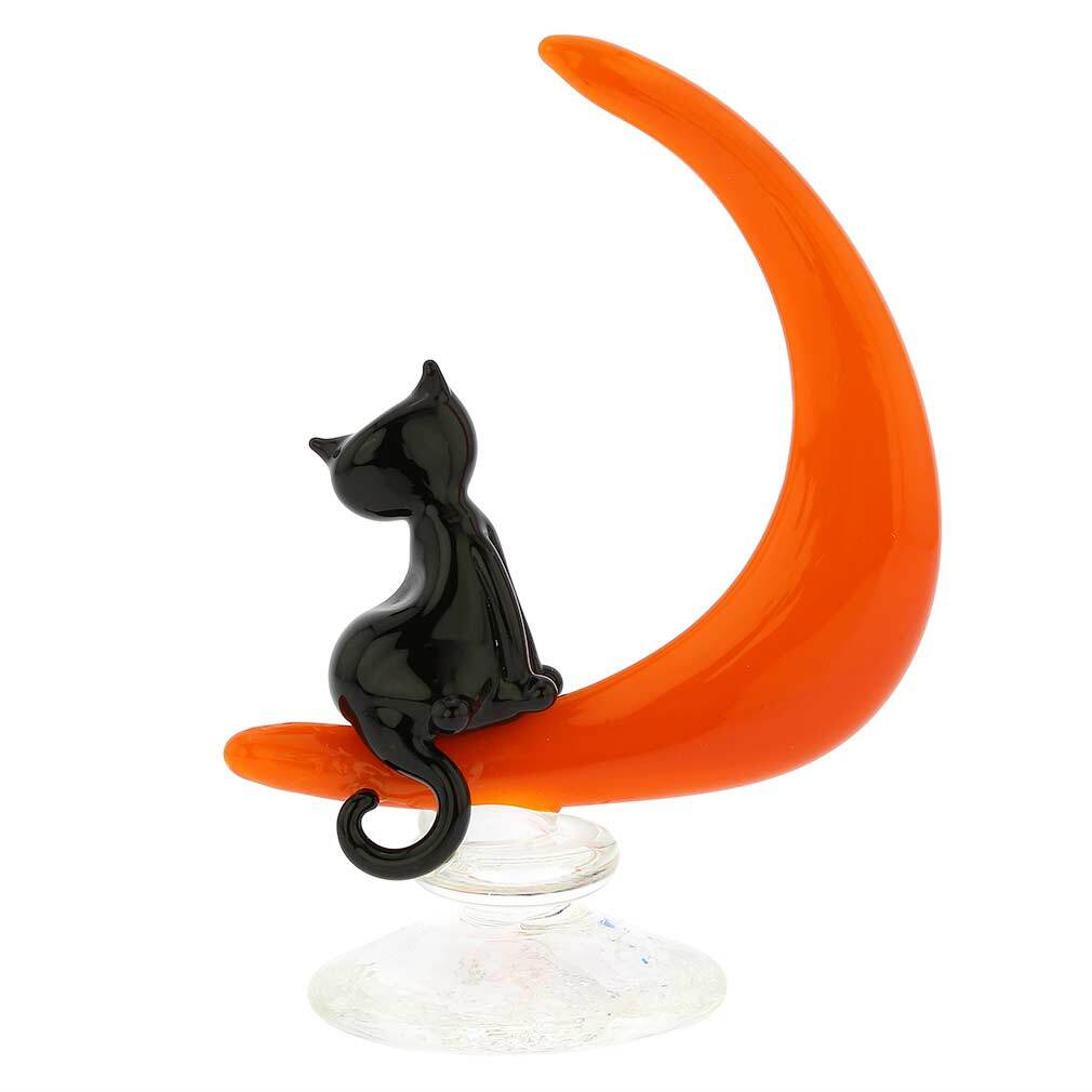 Glass Of Venice Murano Glass Cat On The Moon Statue 5” Handmade Italian Black