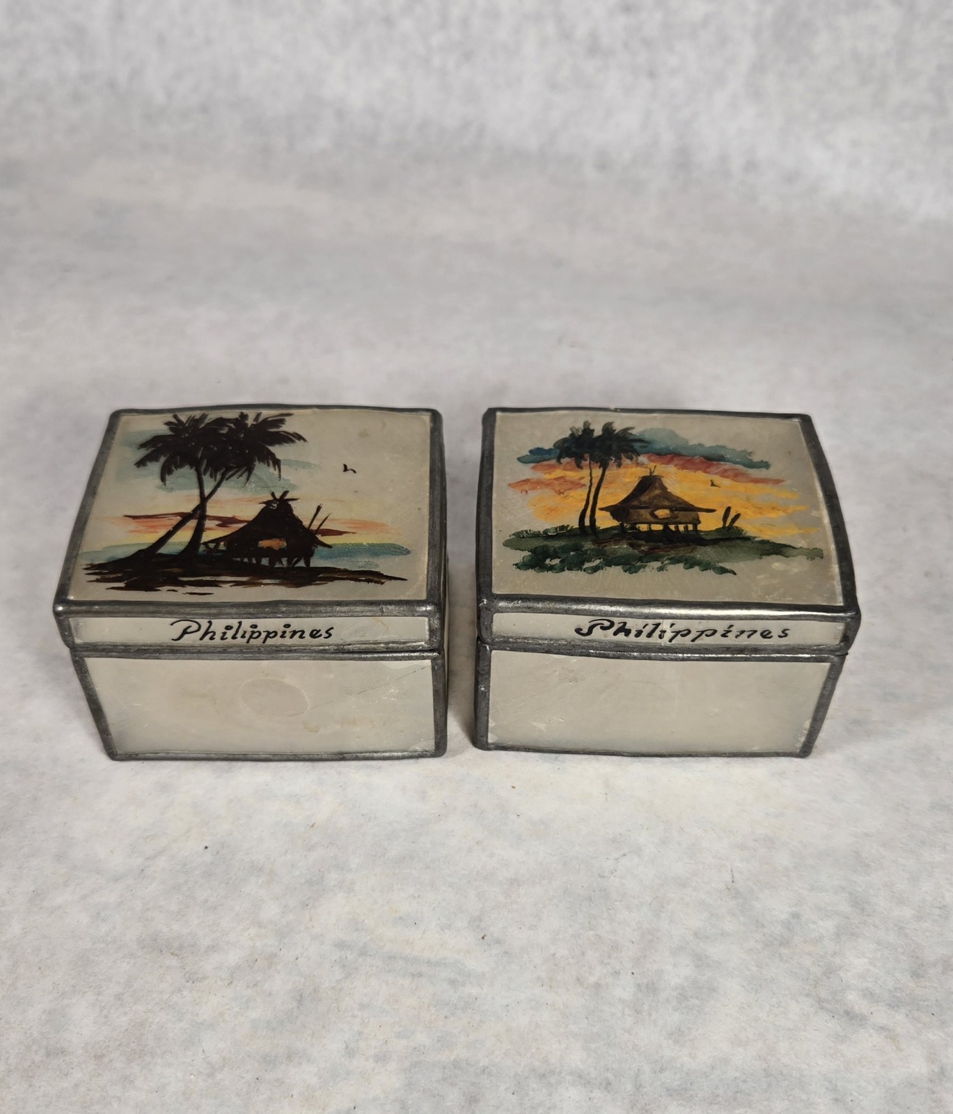 Vintage Philippines Capiz Shell Hand Painted Trinket Box Jewelry Souvenir Set 2