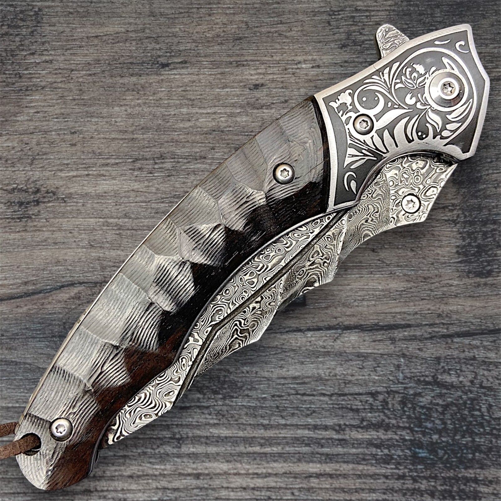 Custom EDC Damascus Steel Pocket Knife, Ebony/Steel Handle, Ball Bearing Pivot!