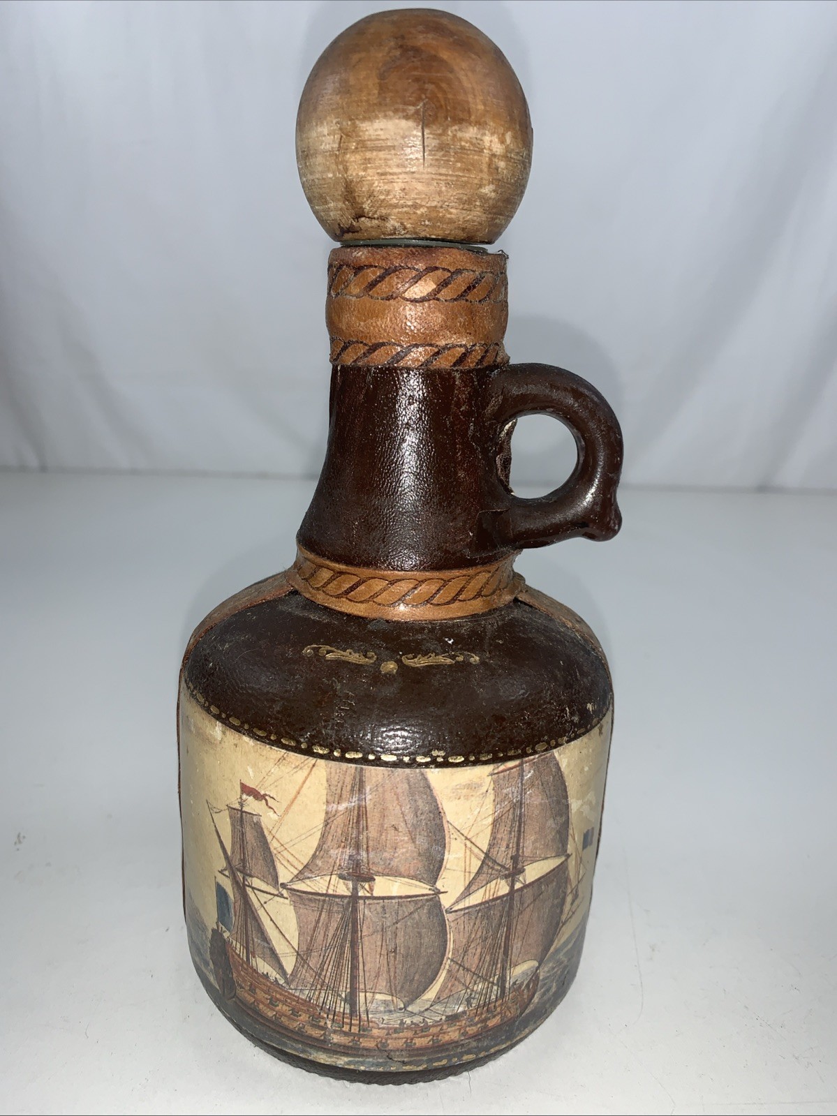 VTG Italian Leather Wrapped Decanter Bottle Ship 8.5” Tall. M