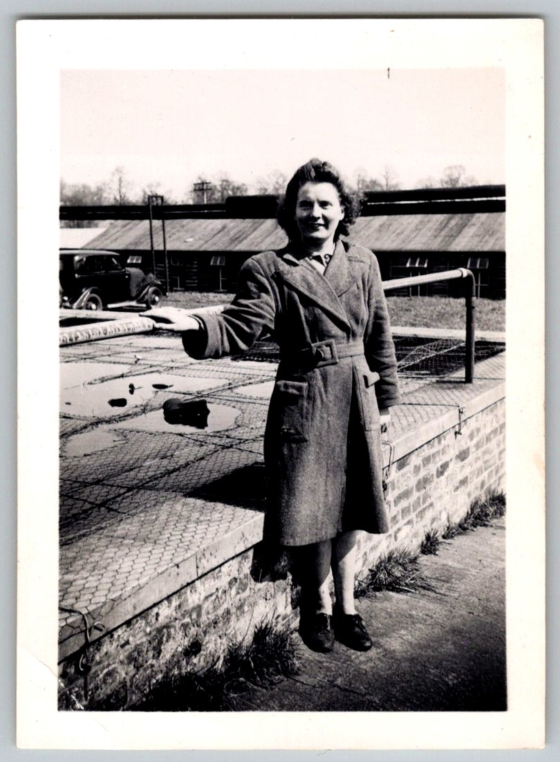 Vtg B&W Snapshot Woman Belted Overcoat Trench Standing Outdoors 1940s Photograph