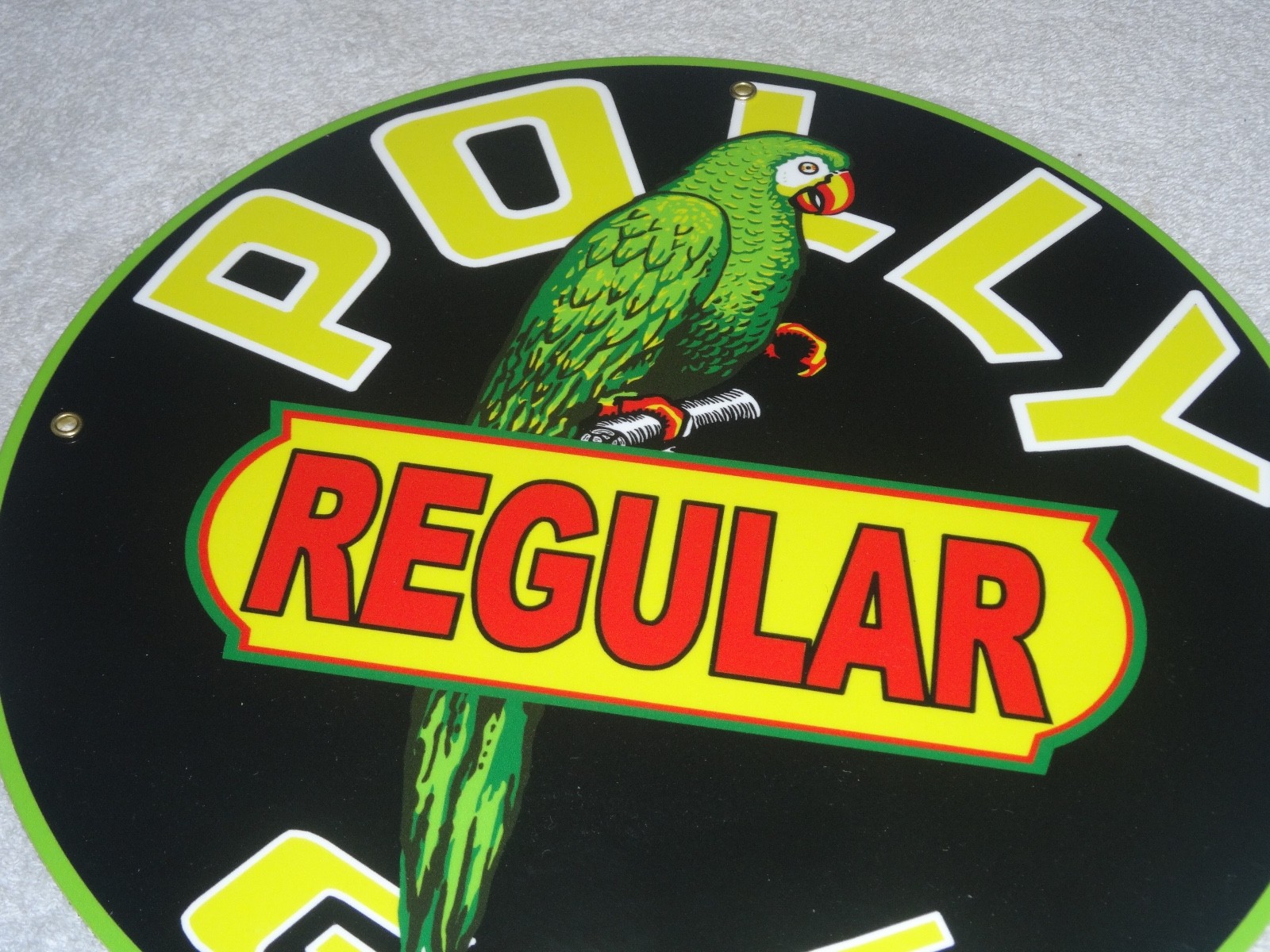 VINTAGE POLLY REGULAR GAS PARROT 🦜 11 3/4″ PORCELAIN METAL GASOLINE & OIL SIGN