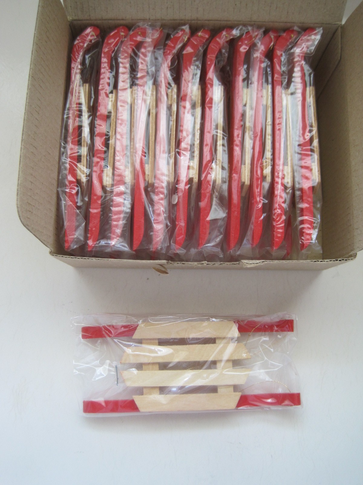 Lot of 12 NEW Wood Sled Ornaments or Christmas Craft Lillian Vernon Wooden