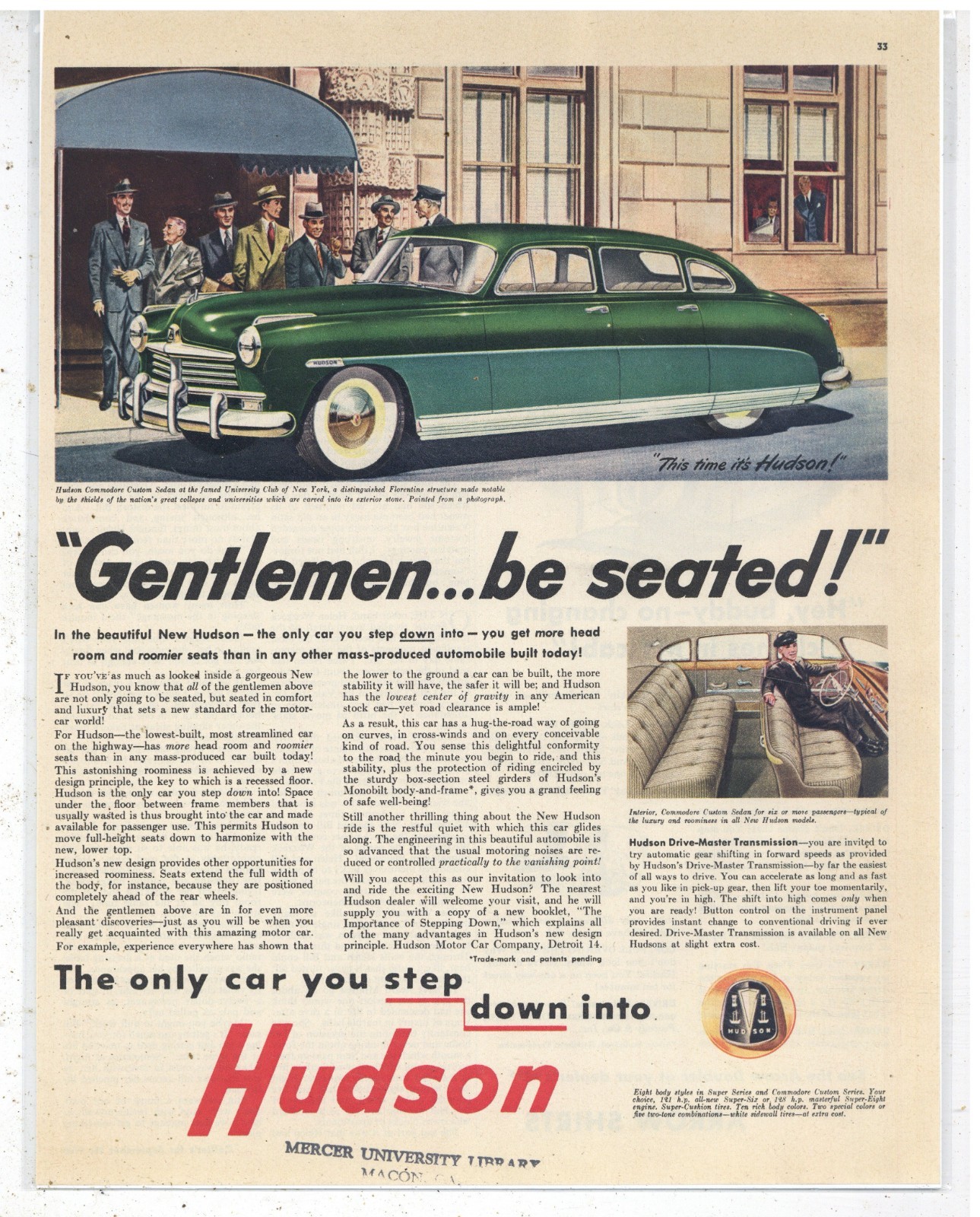 1948 Hudson Commodore Custom Sedan Ad: At University Club in New York City