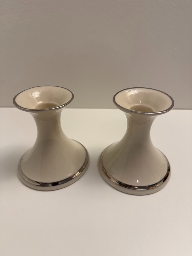 Pair of Lenox Solitaire Platinum Trimmed Candle Holders Vintage