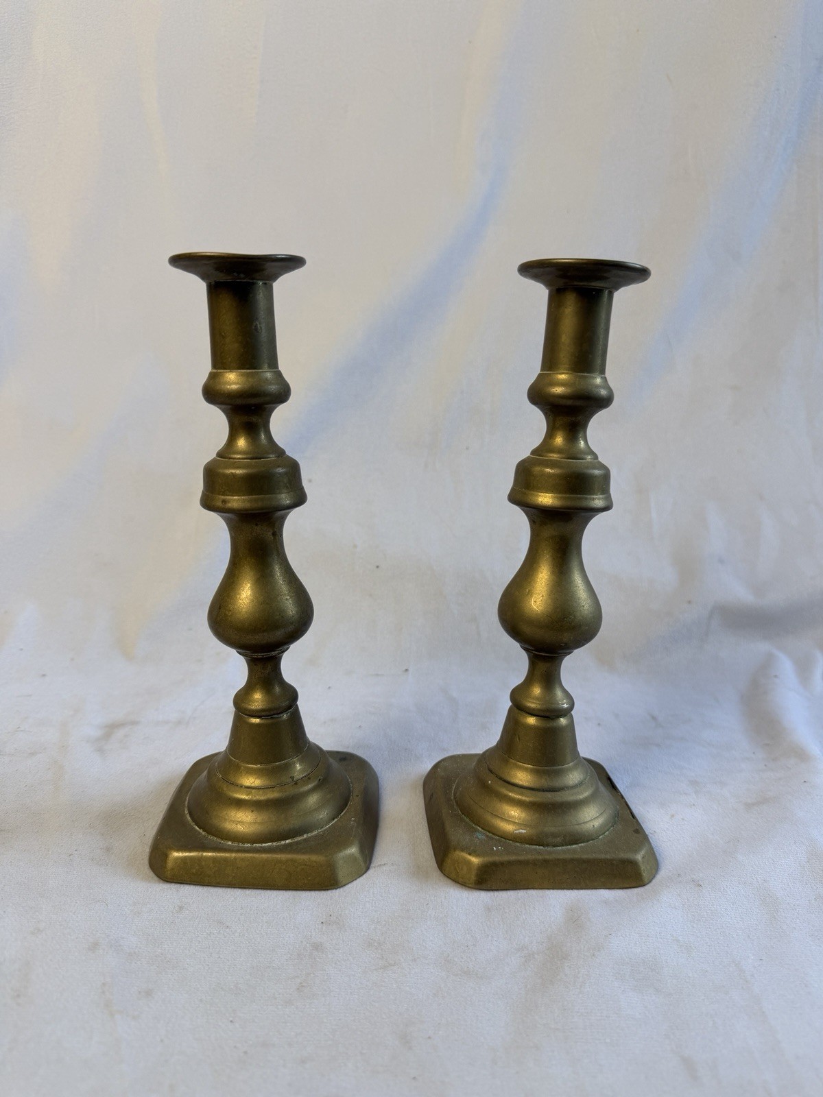 Set Of 2 VTG Brass Candlestick Holders Patina 9”x 3.5” MCM