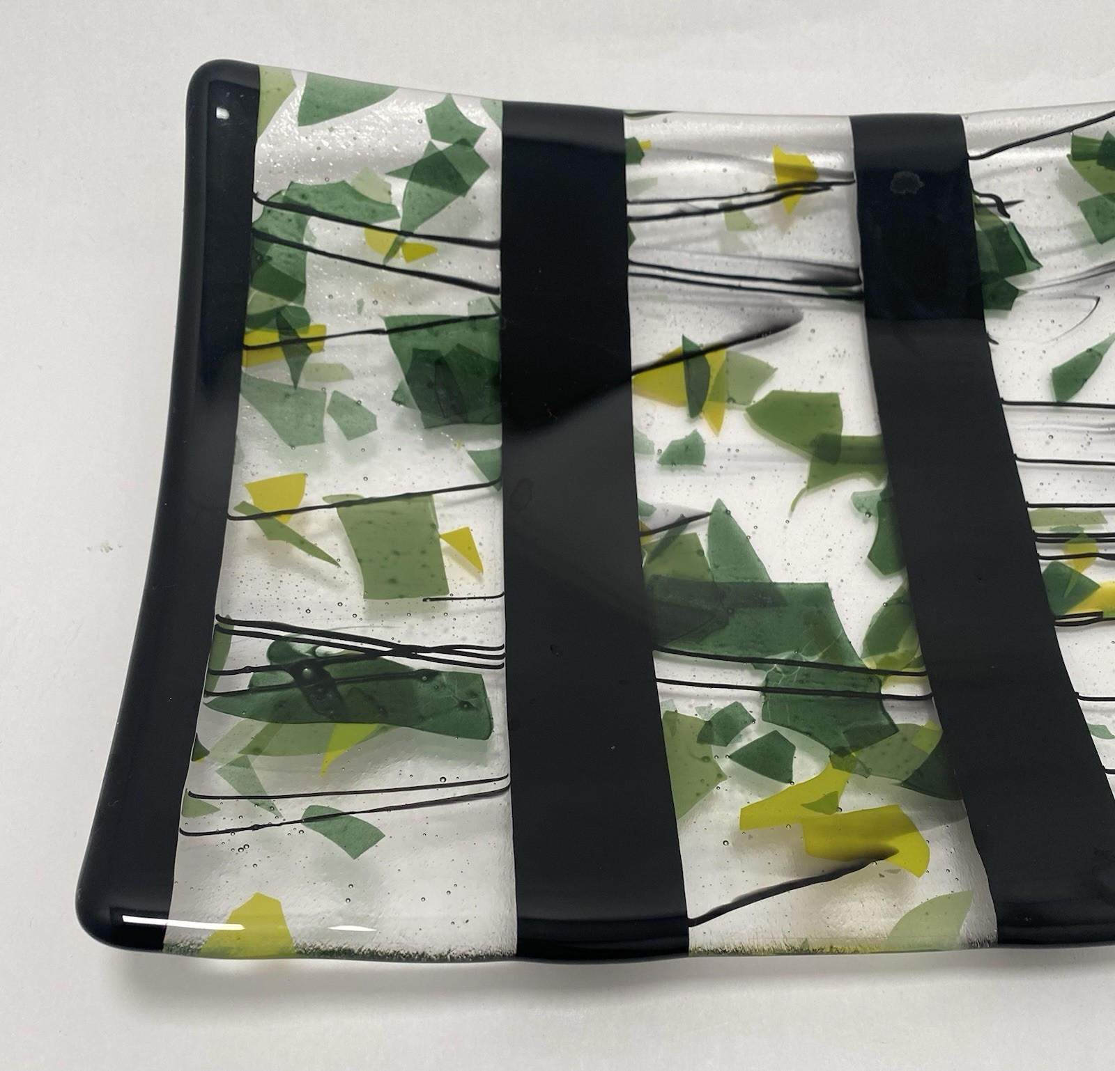 fused art glass tray Abstract Design Black Green Yellow