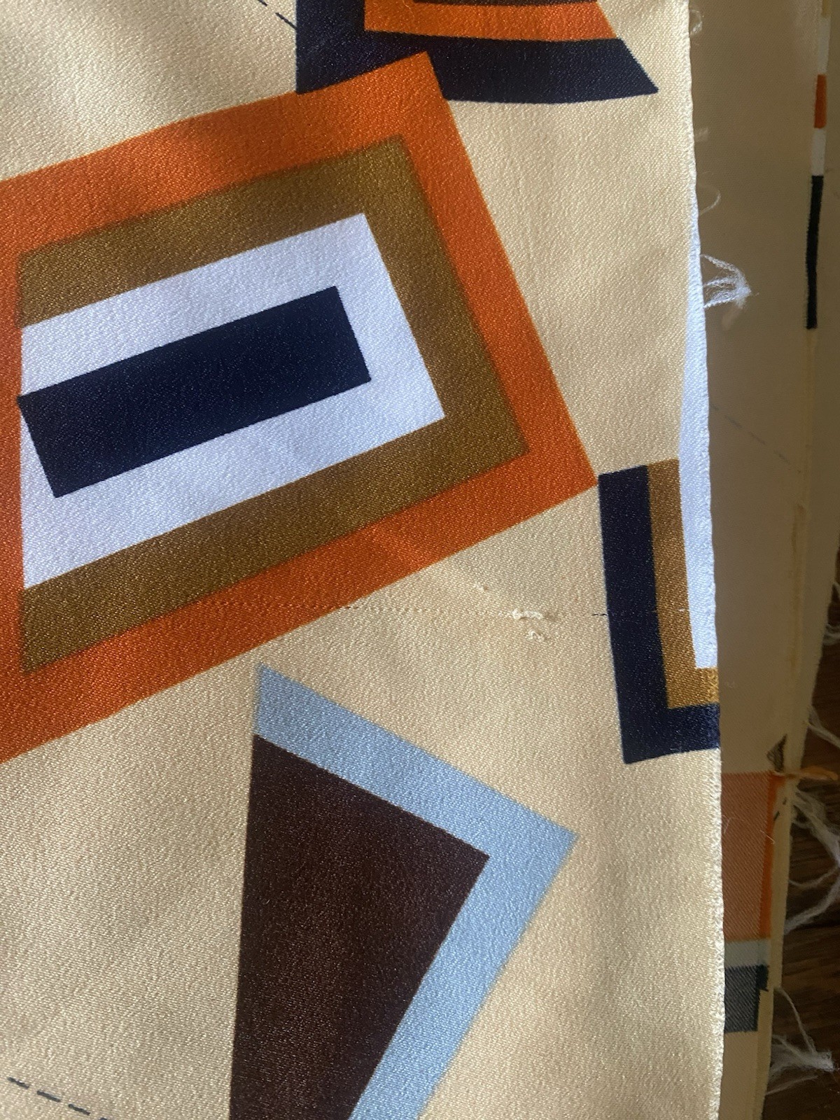Vintage Retro Mod Fabric Polyester Geometric 158″ X 44″ 1970s Orange Tan Black