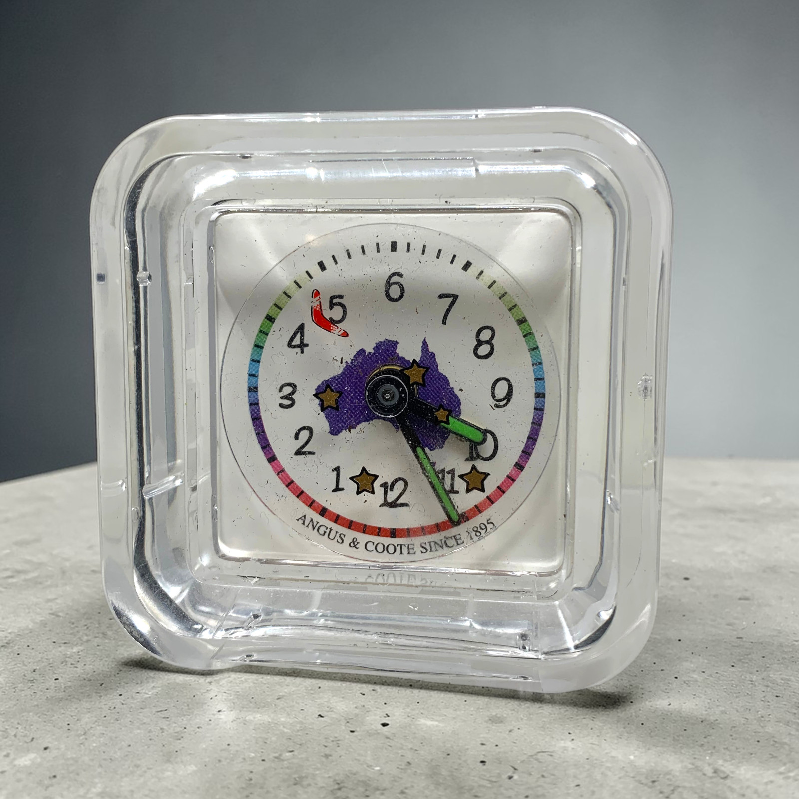 Vtg 1990’s Angus & Coote Lucite Alarm Clock Novelty Dial Retro Travel Luminous