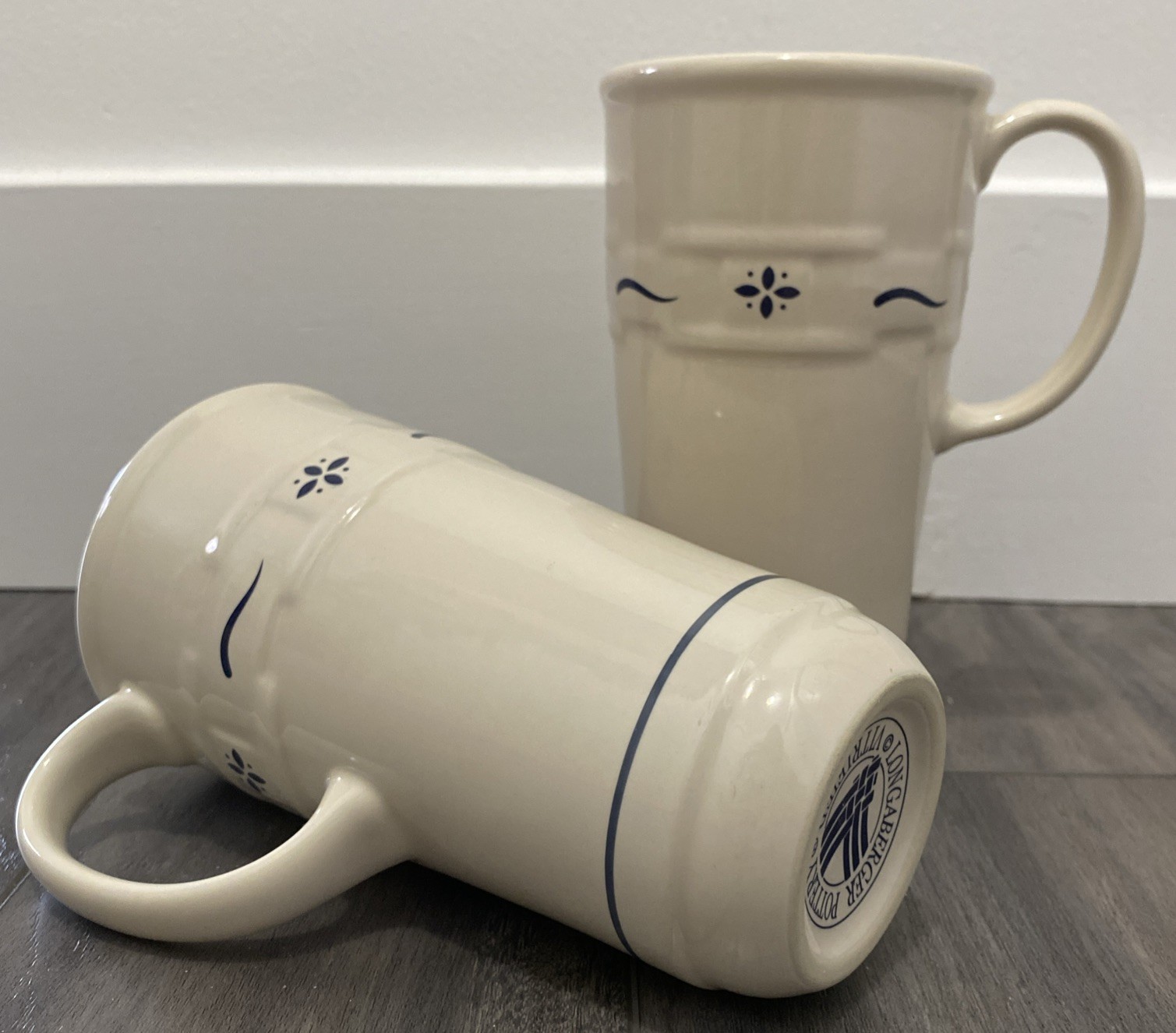 (2) Longaberger Woven Traditions Classic Blue 6¼” Vitrified Ceramic Travel Mug