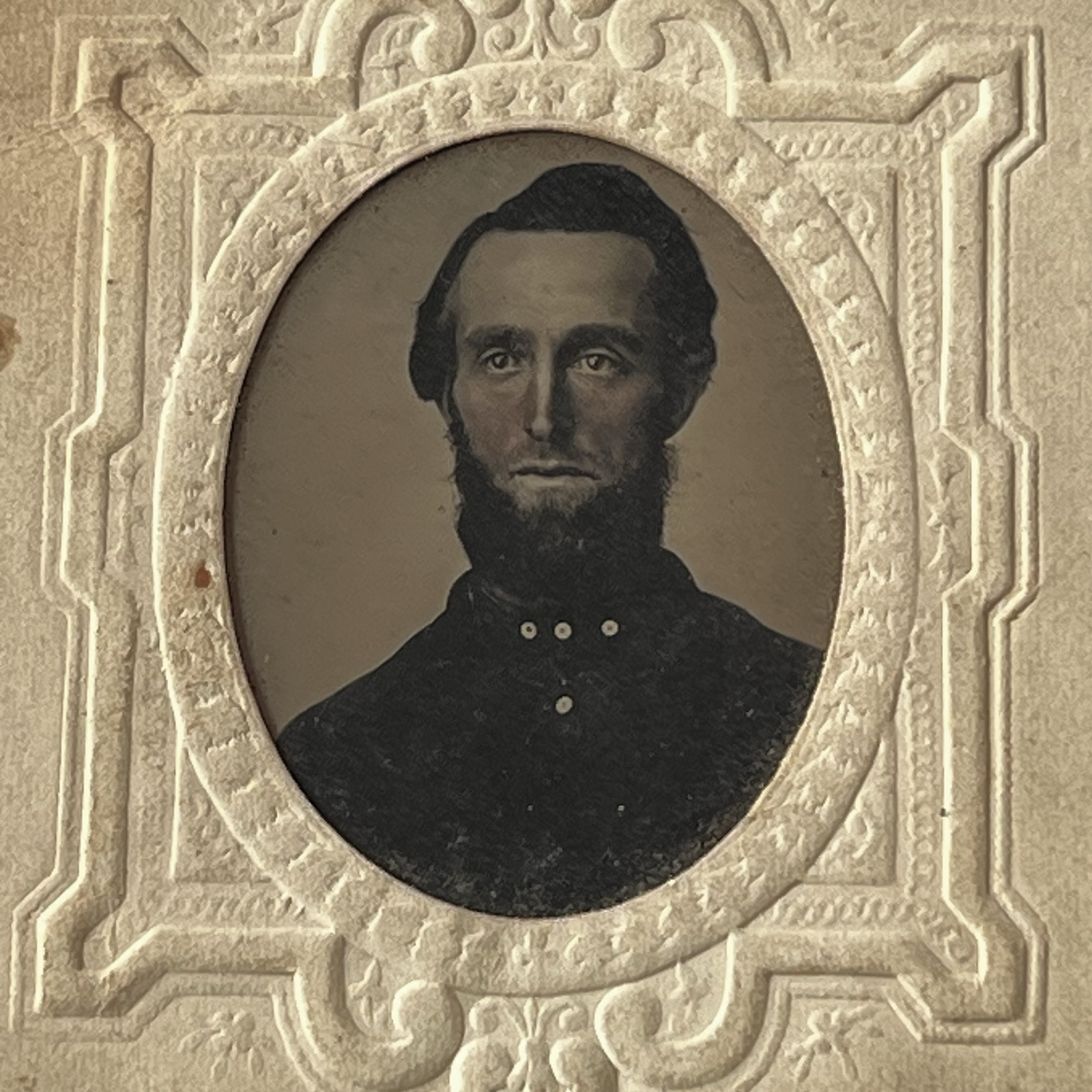 Antique Tintype Photograph Charming Dapper Man Beard Unique Triangle Of Buttons